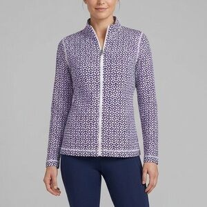 T By Talbots Full Zip Geo Print Jacket Women's Size S Petite Blue Pink Pockets